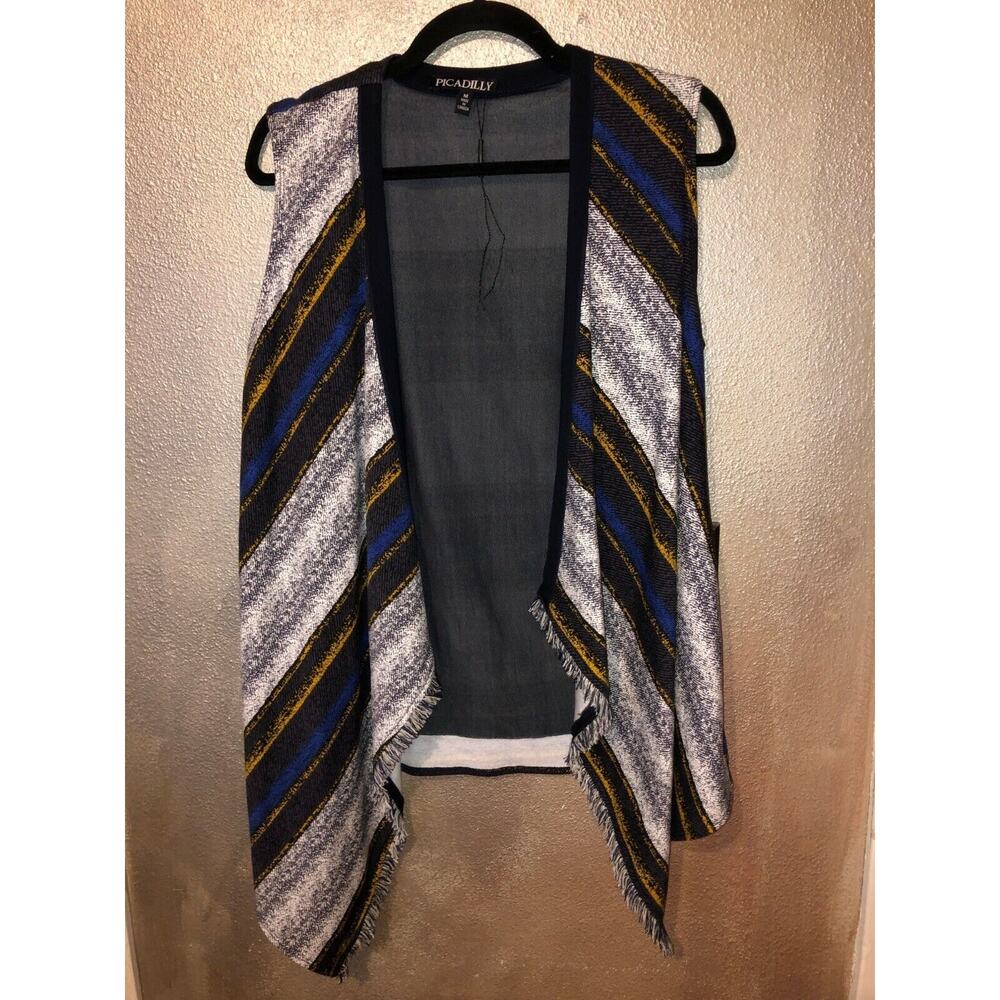 Picadilly Boho Hippie Academia Blue Black White Striped Long Cotton Blend Vest